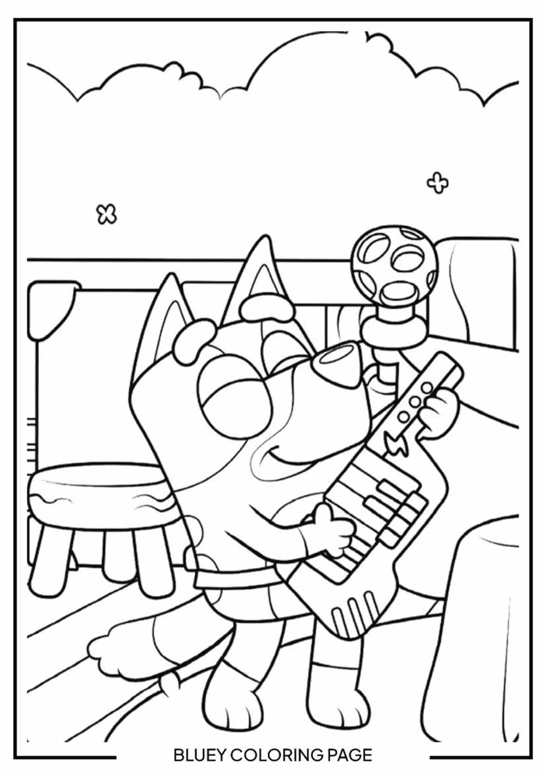 Bluey is Playing Piano in Bedroom coloring sheet