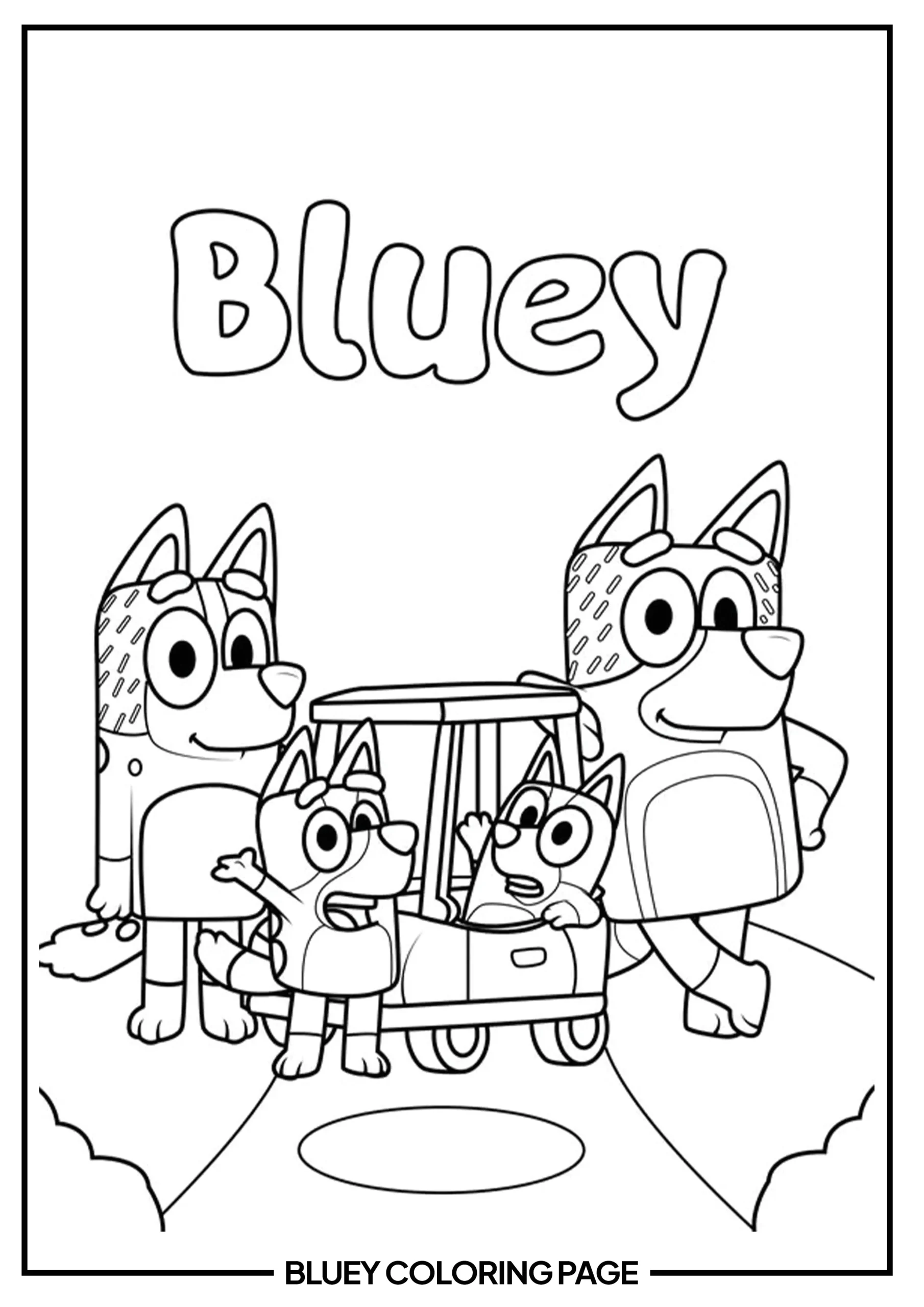 Heeler Family Standing in front of Car coloring page free