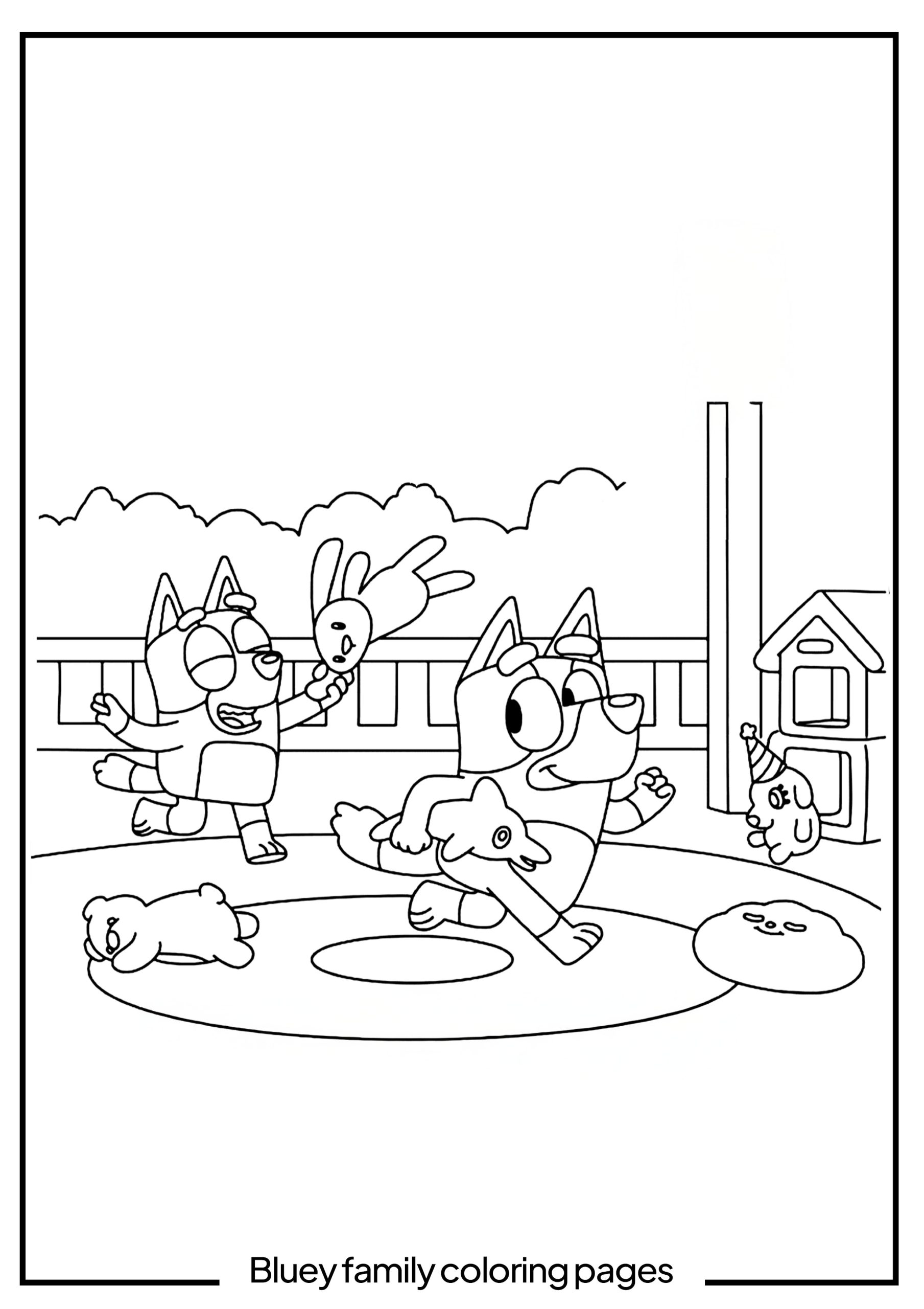 Frisky Heeler Playing Games With Bluey & Bingo, Bluey Family Coloring Book Page