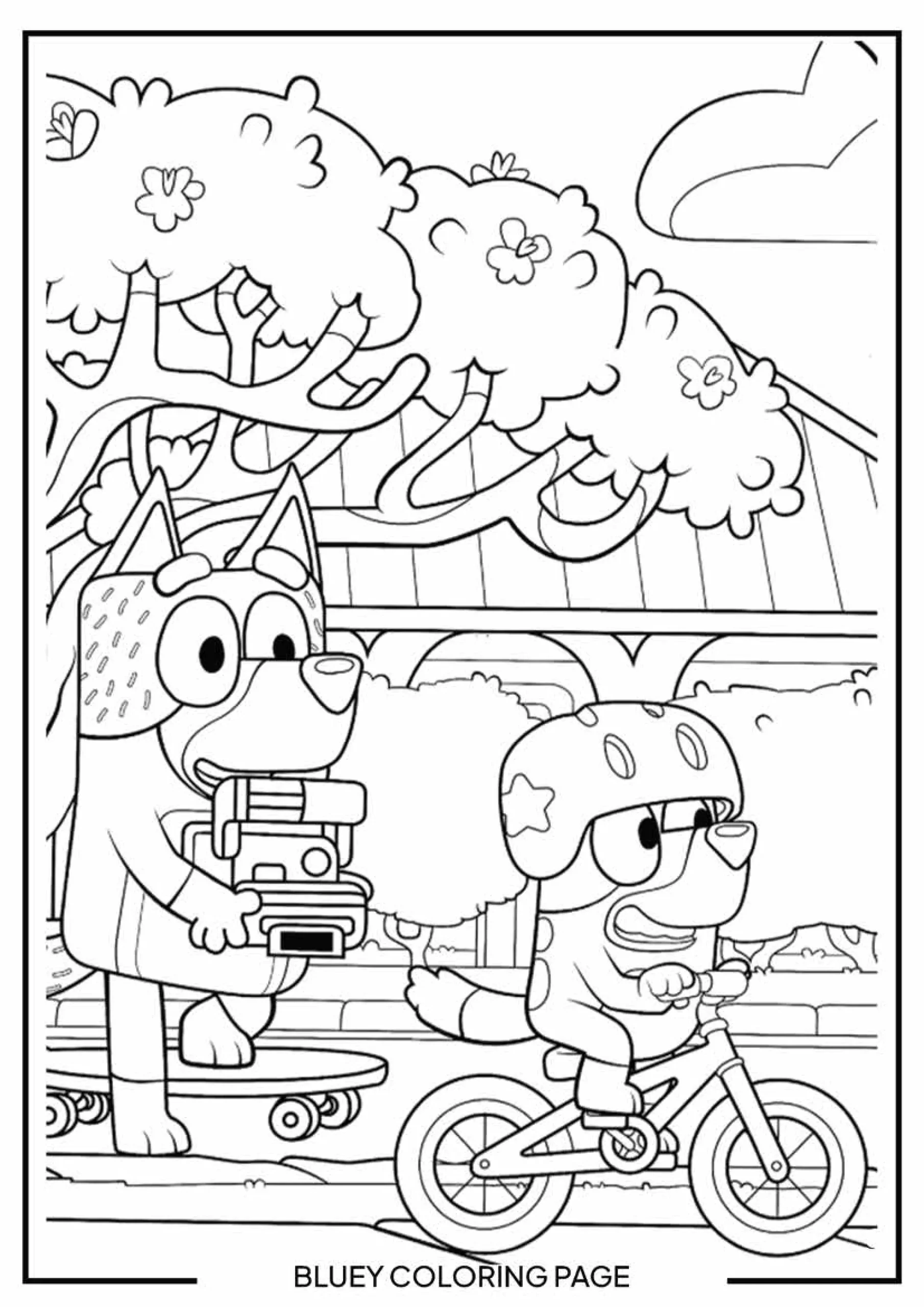 Bluey is Filming a Bike Adventure printable coloring sheet