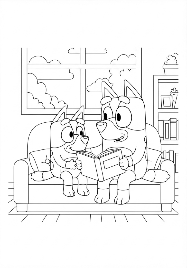 Bluey and Bandit Share a Storytime Moment Coloring Page