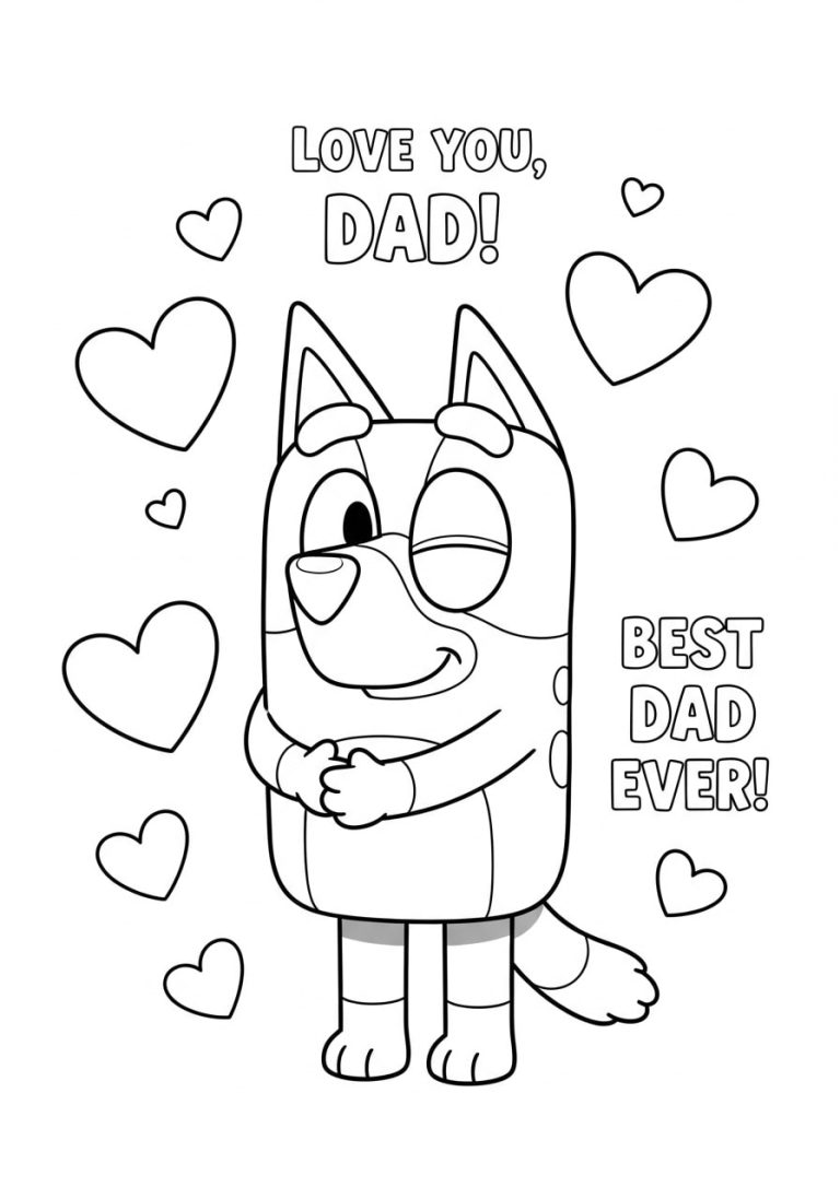 Bluey Father's Day Coloring Pages with Hearts