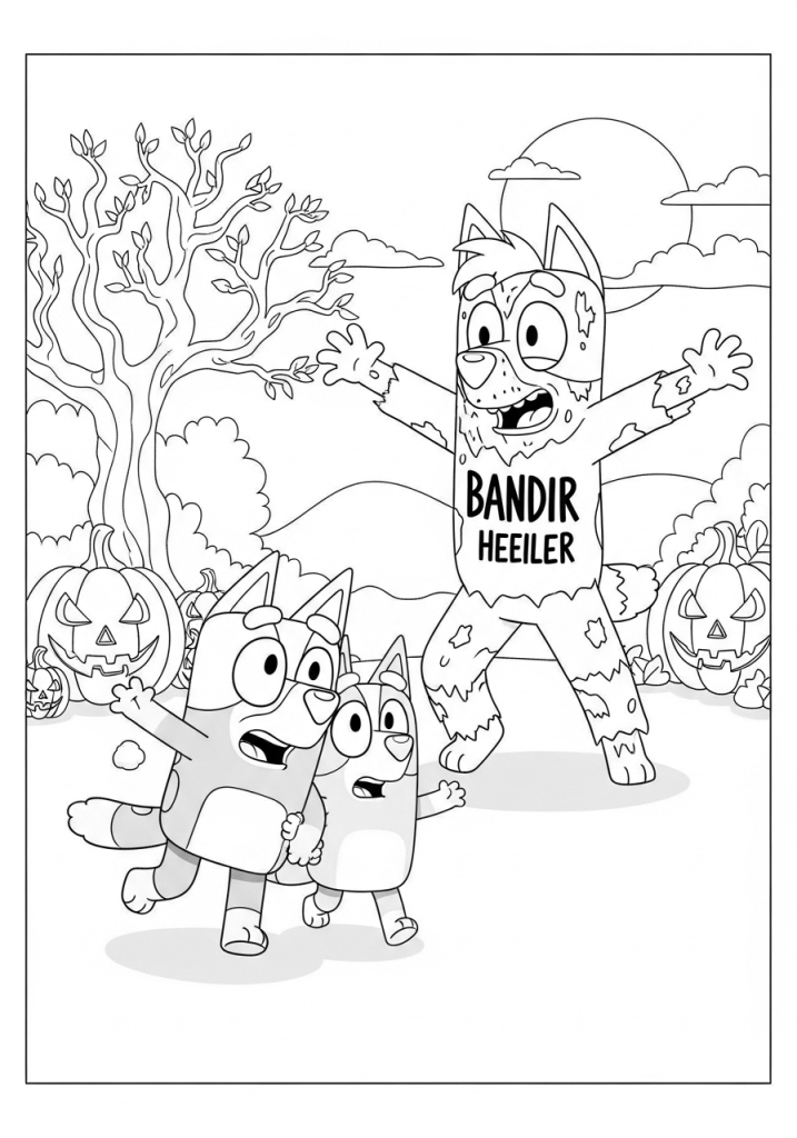 Bluey Halloween Coloring Pages (Free Downloadable PDF) 12 Bingo & Bluey are Running From Bandit Zombie Halloween Coloring PDF