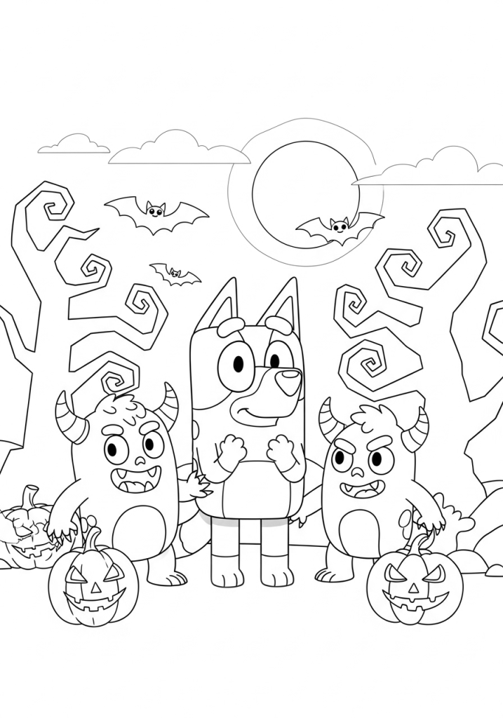 Bluey Halloween Coloring Pages (Free Downloadable PDF) 14 Bandit Heeler Standing With Two Monsters Coloring PDF