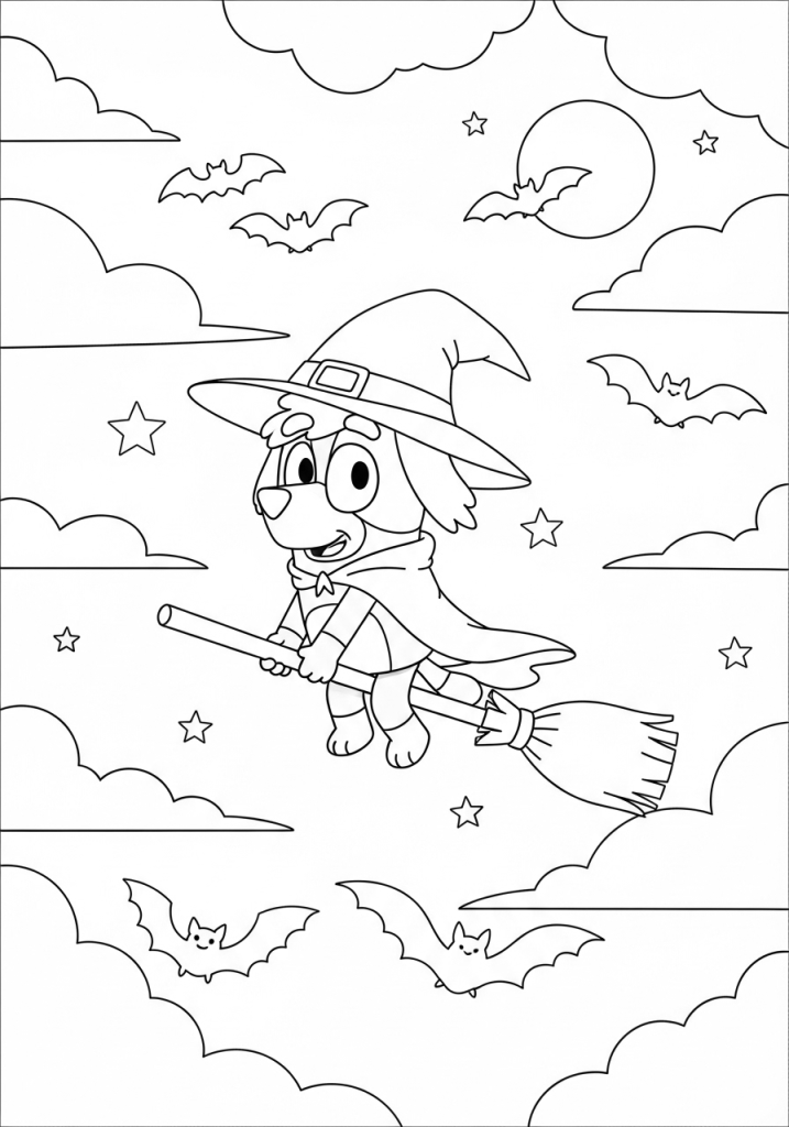 Bluey Halloween Coloring Pages (Free Downloadable PDF) 15 Bluey Flying on Witch Broom Bluey Coloring Sheet