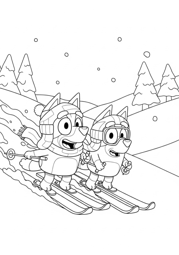 Bluey Christmas Coloring Pages – Fun for Kids of All Ages 16 Bluey and Bingo Hit the Snowy Slopes
