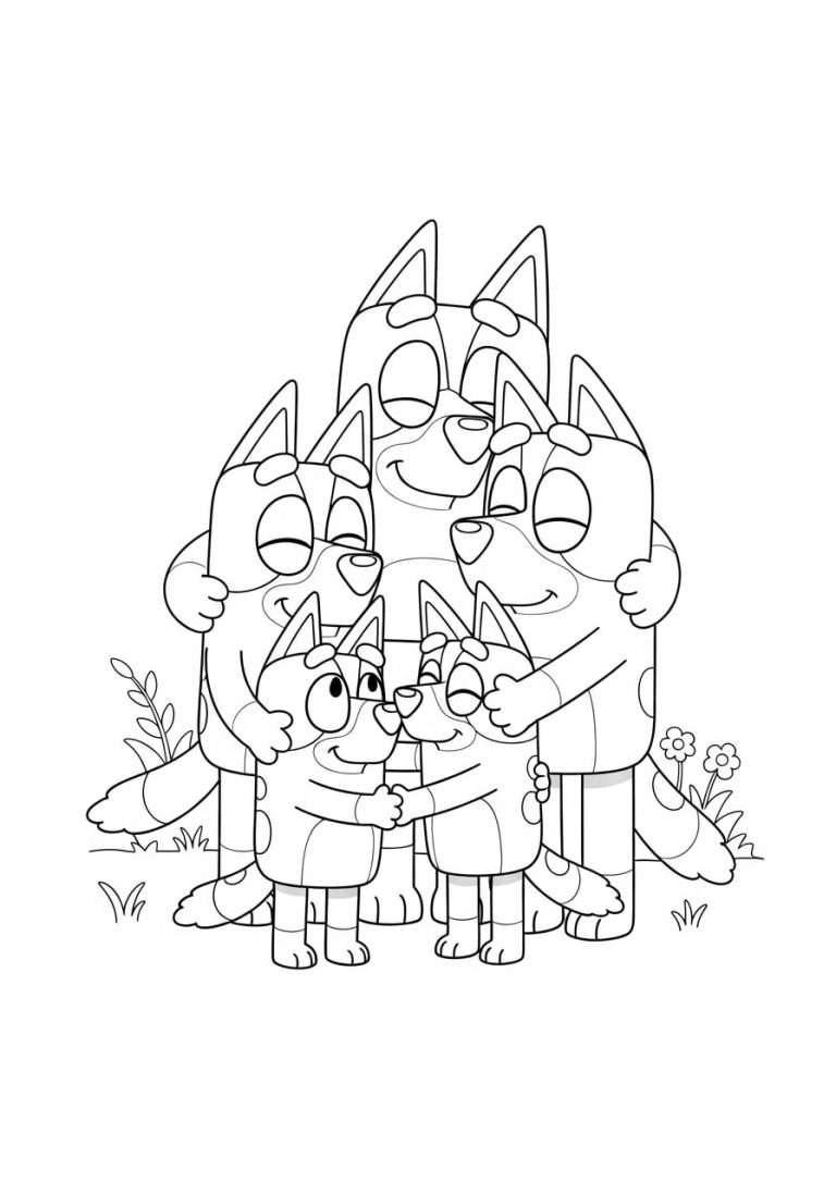 Everyone’s in a big group hug Bluey, Bingo, Chilli, and Bandit. It’s one of those scenes that just feels warm. Perfect for coloring as a family activity.
