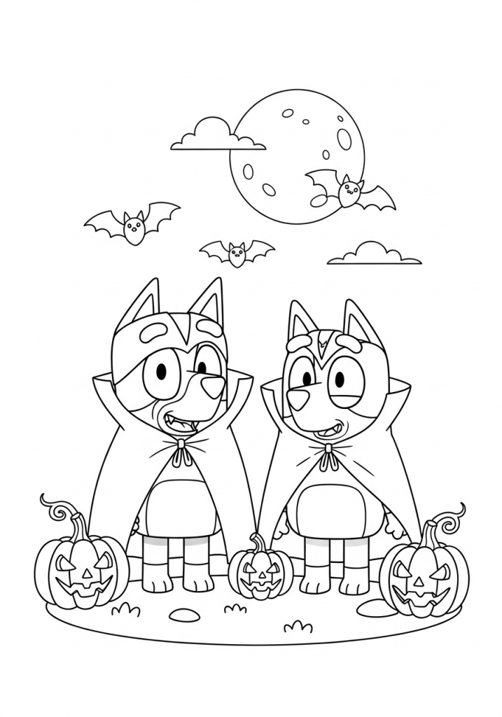 Bluey Halloween Coloring Pages (Free Downloadable PDF) 3 Bluey & Bingo in Halloween Costume Coloring Sheet