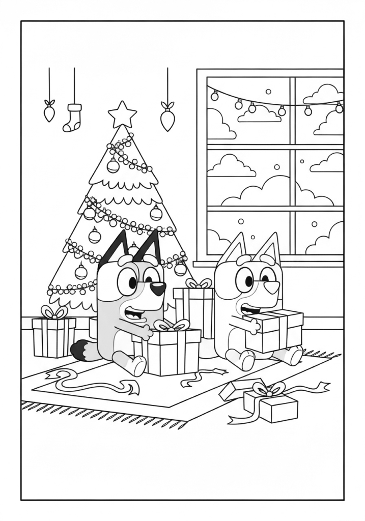 Bluey Christmas Coloring Pages – Fun for Kids of All Ages 4 Bluey and Bingo Opening Presents