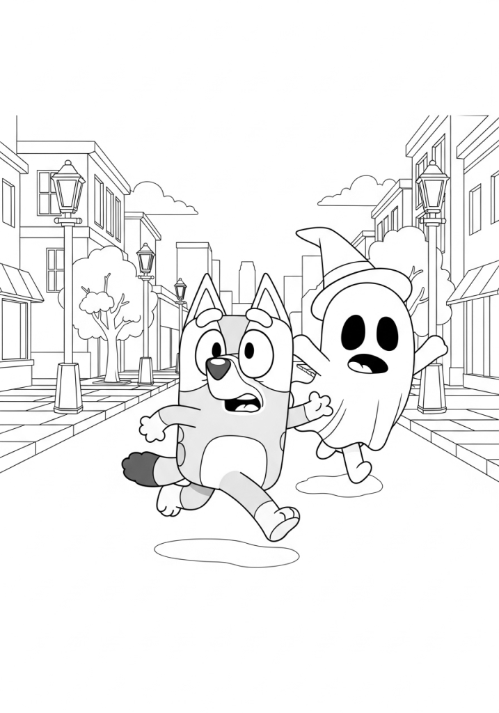 Bluey Halloween Coloring Pages (Free Downloadable PDF) 4 Ghost Running After Bluey Coloring Sheet PDF