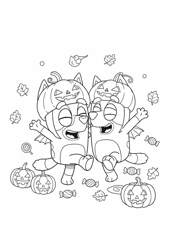 Bluey Halloween Coloring Pages (Free Downloadable PDF) 5 Bluey & Bingo With Pumpkin Caps Playing Bluey Halloween Coloring Sheet
