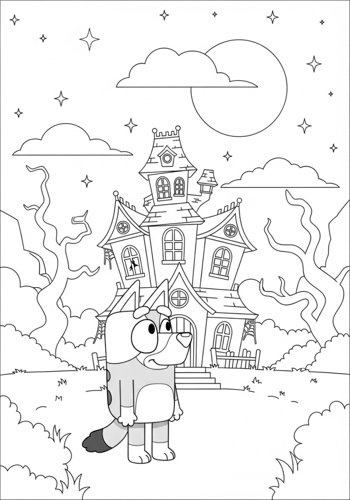 Bluey Halloween Coloring Pages (Free Downloadable PDF) 6 Bluey Standing in front of Haunted House Bluey Halloween Coloring Sheet