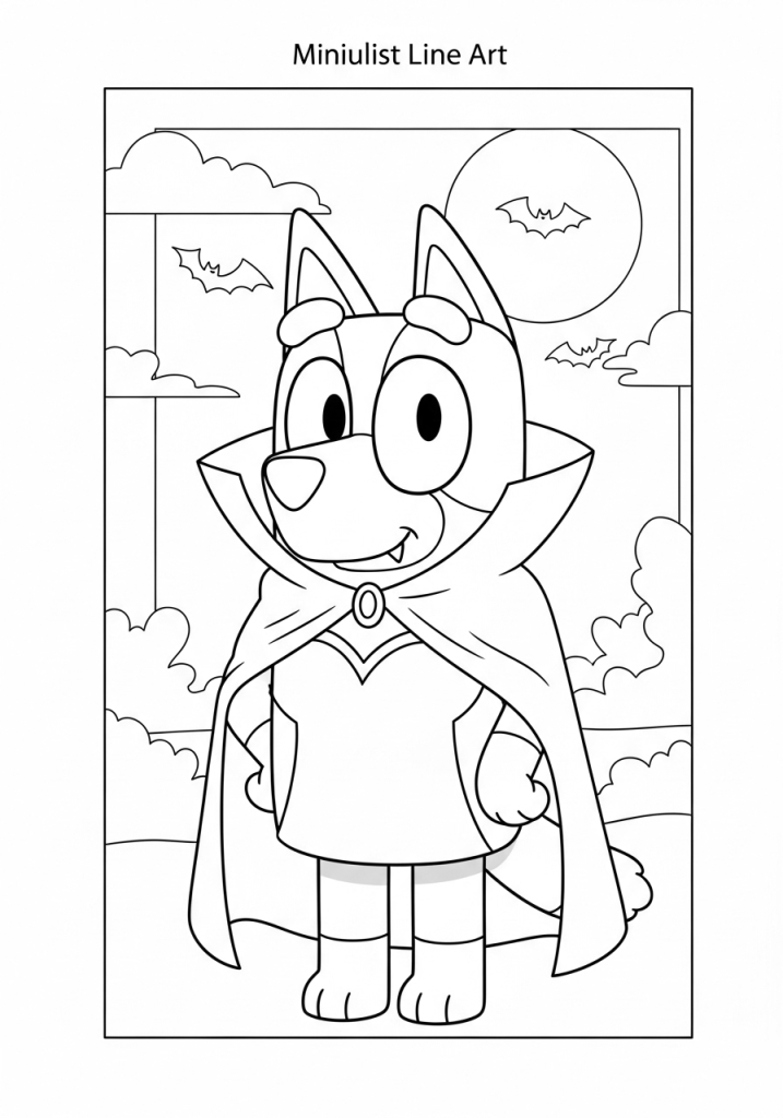 Bluey Halloween Coloring Pages (Free Downloadable PDF) 8 Bingo is in Dracula Outfit Halloween Coloring Page