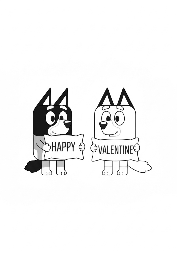Bluey Valentines Coloring Pages (Free PDF Coloring Pages) 10 Bingo & Bluey Each Holding One Pillow Coloring Page
