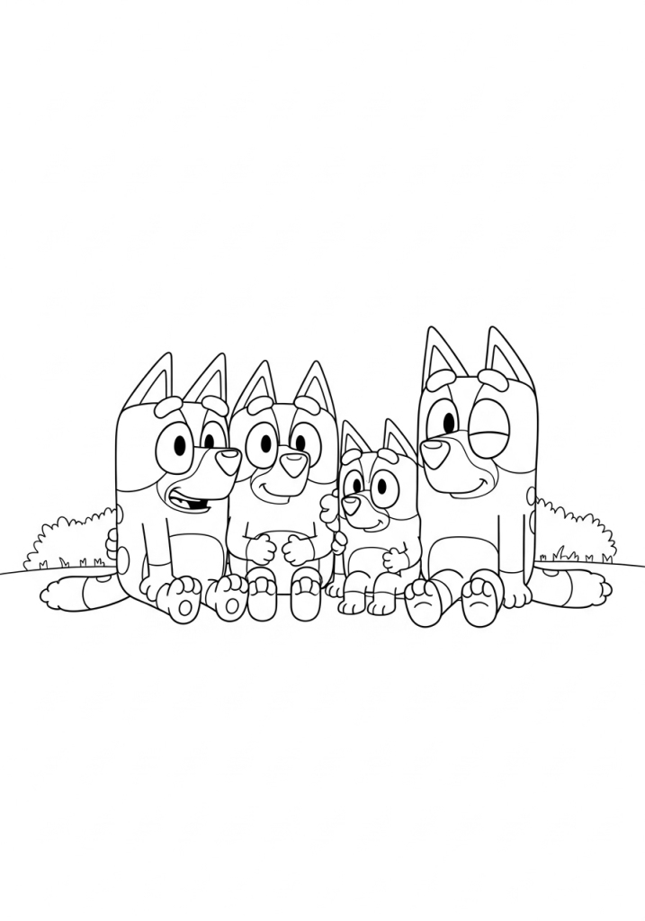Bluey Bandit Chili and Nana Heeler are sitting on the Lawn Grany coloring Page