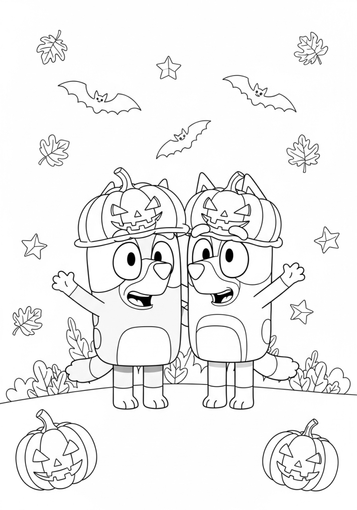 Bluey Halloween Coloring Pages (Free Downloadable PDF) 17 Bluey & Bingo Wearing Pumpkin Halloween Coloring Page