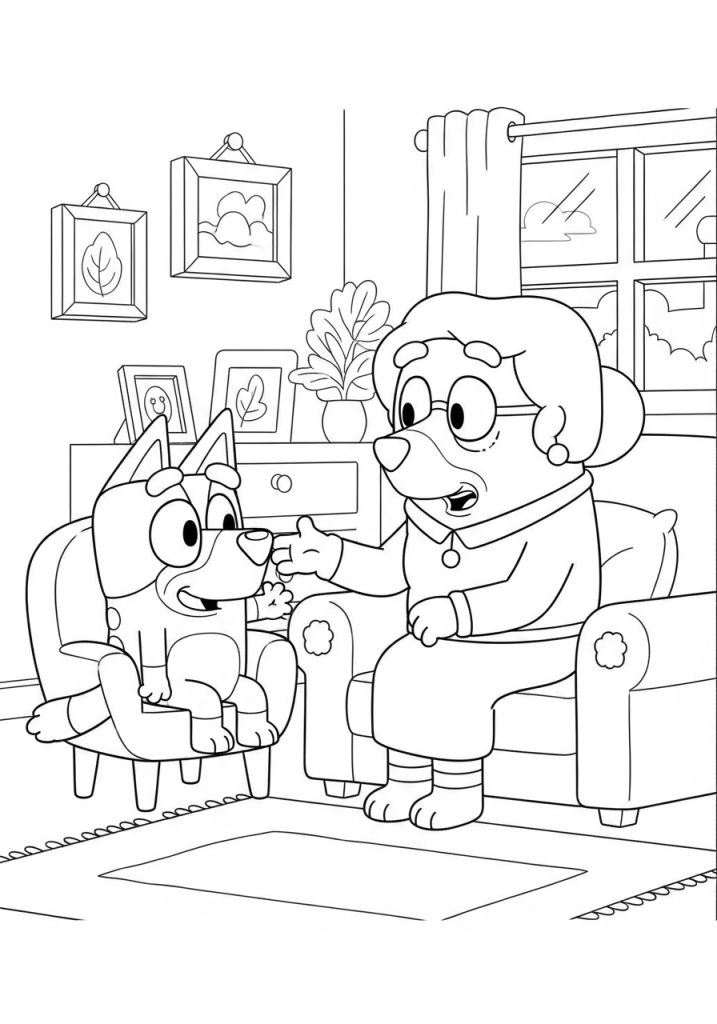 Bluey Listening Stories from Granny Bluey Coloring Page