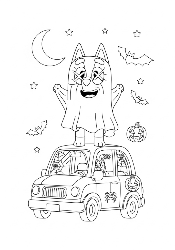 Bluey Halloween Coloring Pages (Free Downloadable PDF) 21 Bluey the Ghost Standing on Top of a Car Halloween Coloring Sheet