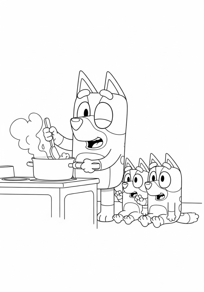 Nana is Cooking While Bluey & Bingo are Sitting Nearby