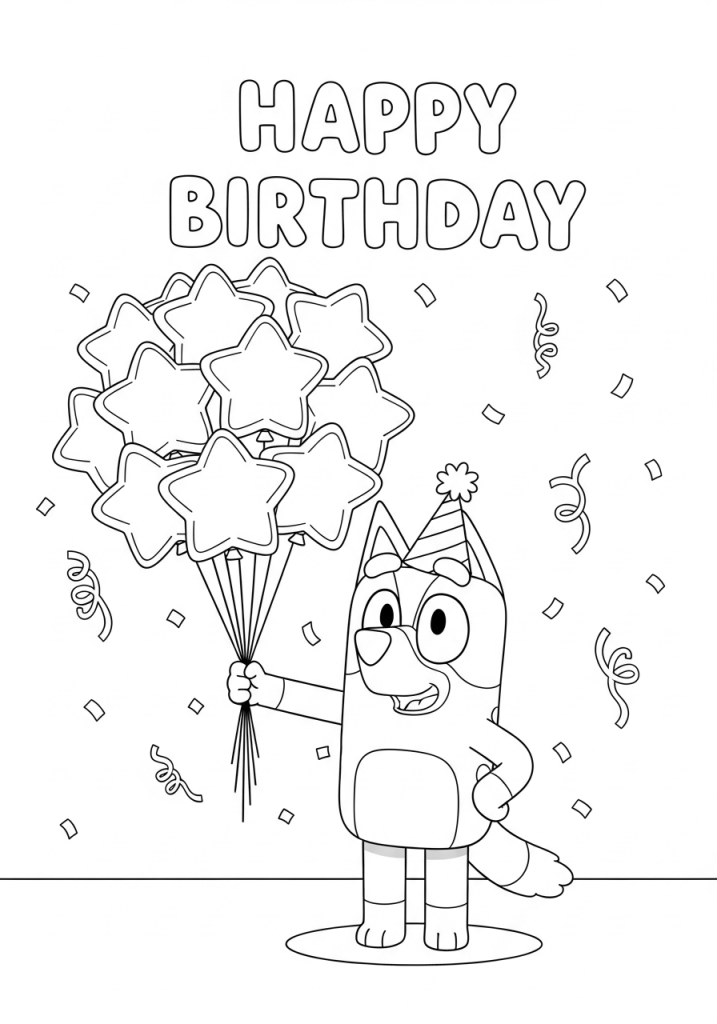 Bluey Birthday Coloring Pages 13 Bluey Holding a lot of Star-Shaped Balloons Coloring Page