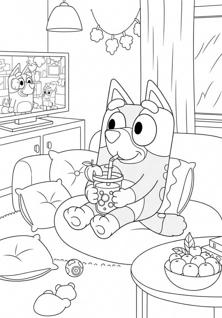 Bluey Summer Coloring Pages (Free PDF Printables) 11 It’s peach season, and Bluey is fully enjoying the peach smoothies.