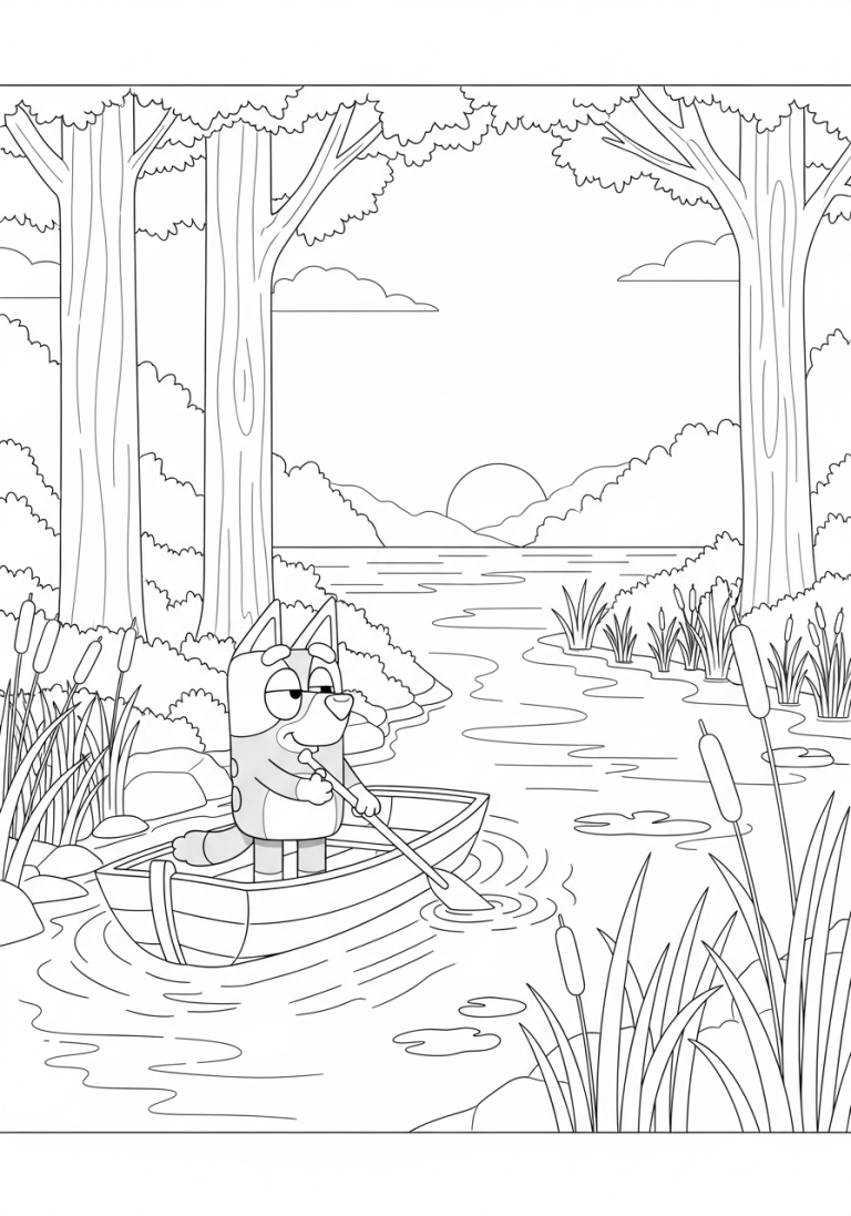 Bluey Summer Coloring Pages (Free PDF Printables) 12 It’s a fine evening, the sun is setting, and Bluey is paddling his boat at the riverside, enjoying her time alone.Â