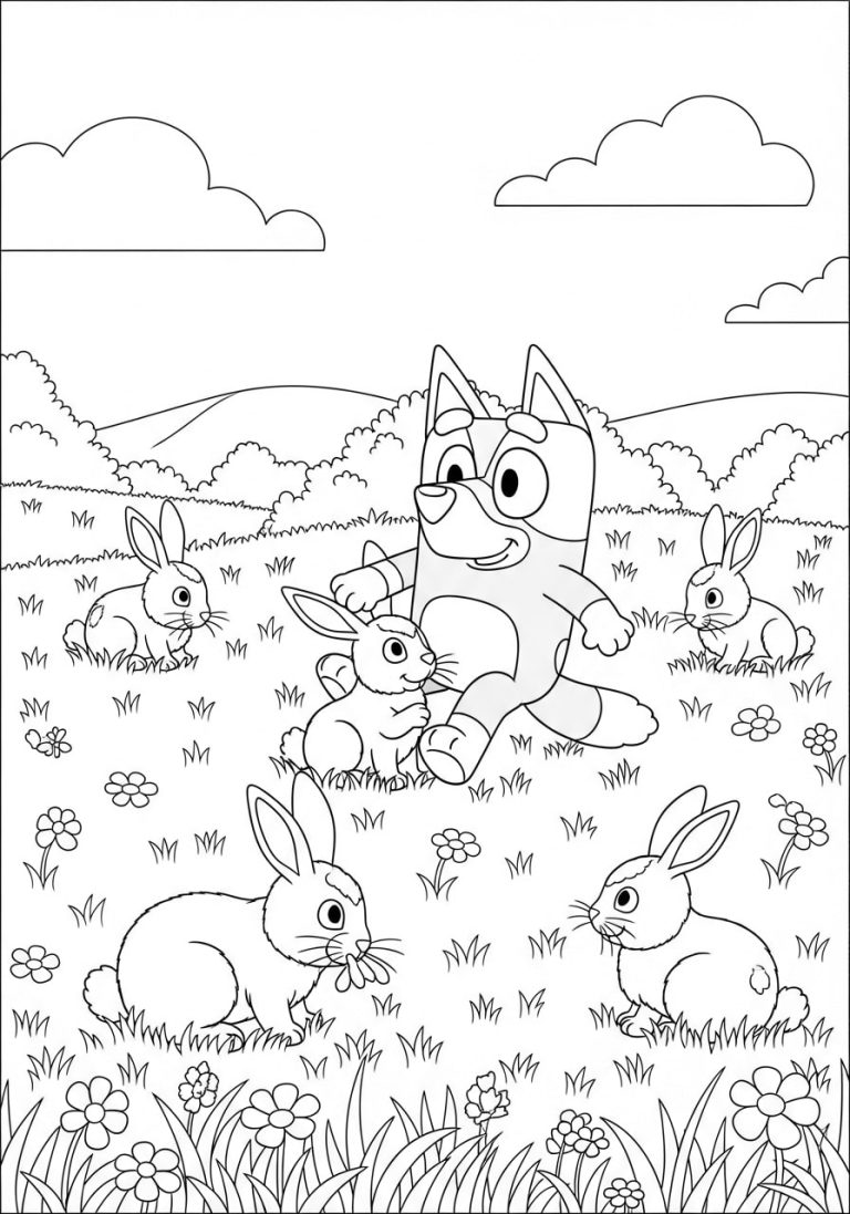 Bluey Spring Coloring Pages 12 Bluey is in a very playful mood, currently playing with the rabbits.