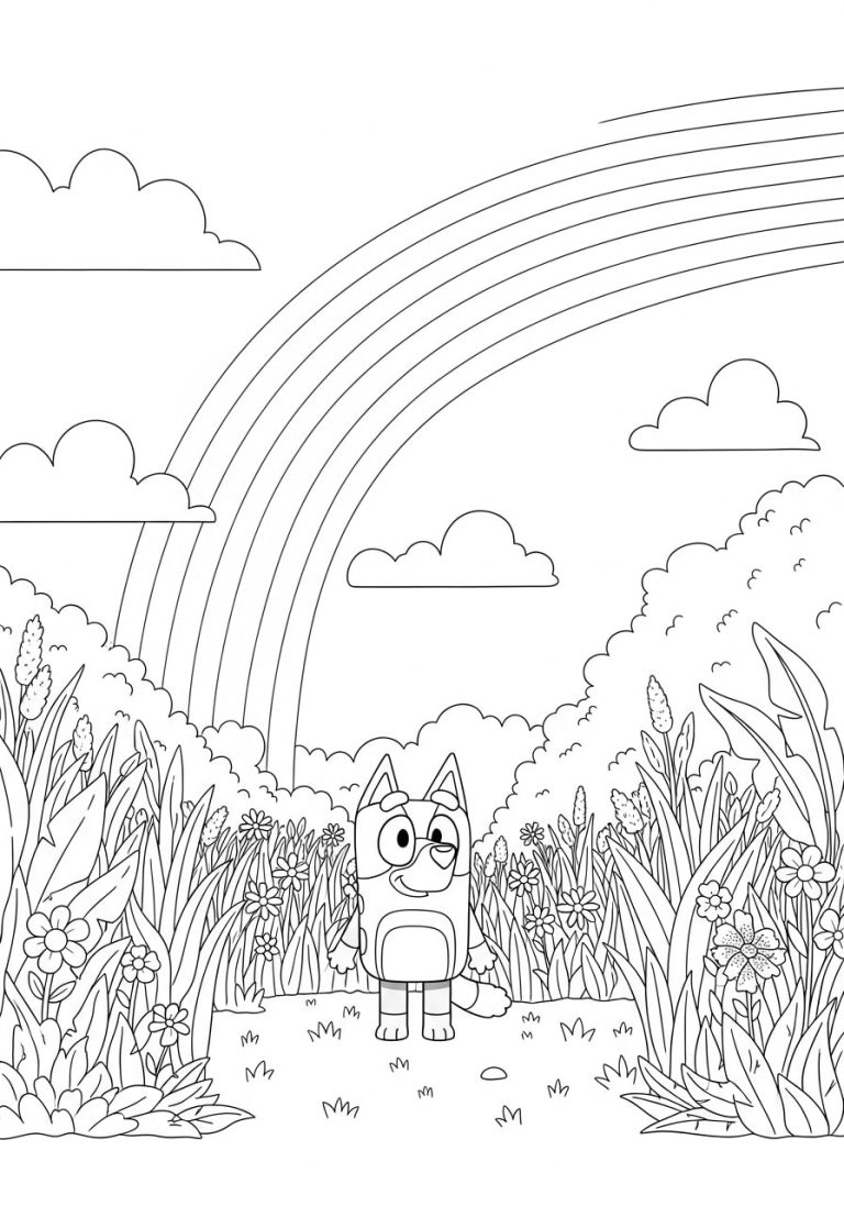 Bluey Spring Coloring Pages 13 Bluey is currently standing in the greenery, with the rainbow in the background