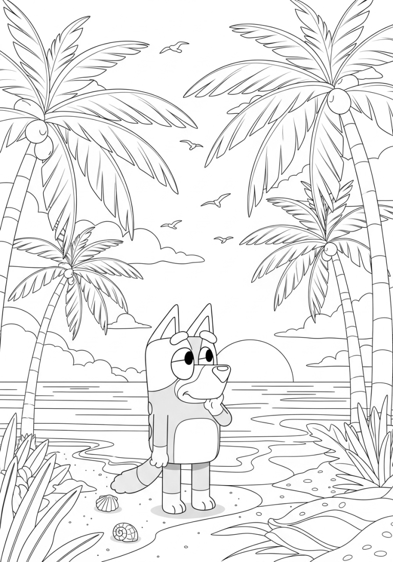 Bluey Summer Coloring Pages (Free PDF Printables) 14 Bluey is standing amongst beach palm trees . bluey summer coloring pages