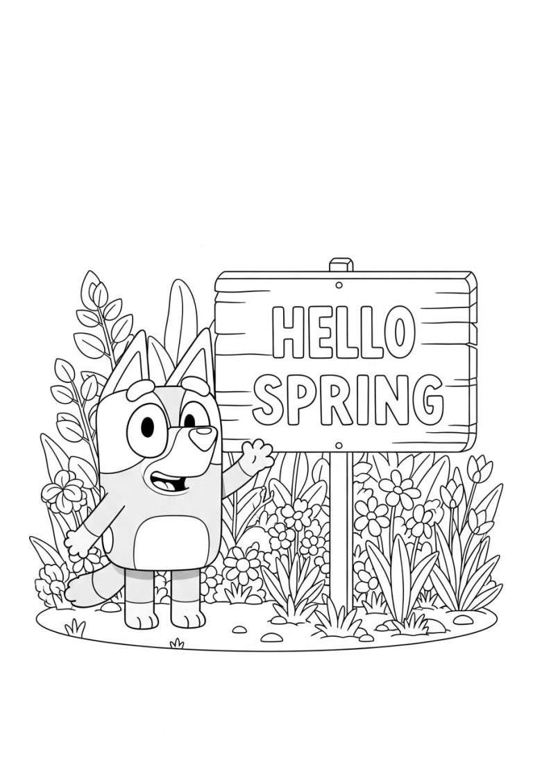 Bluey Spring Coloring Pages 14 Bluey is standing with the “Hello Spring” board