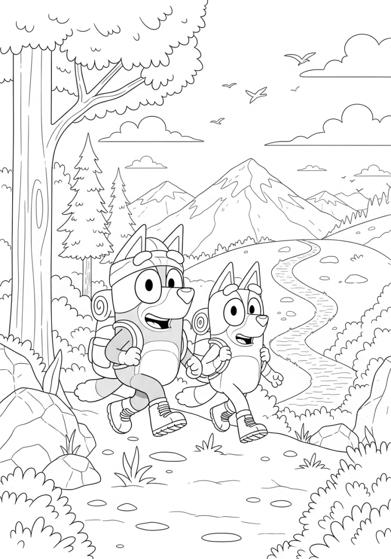 Bluey Summer Coloring Pages (Free PDF Printables) 15 Bluey is trekking along with her sister on a mountain.