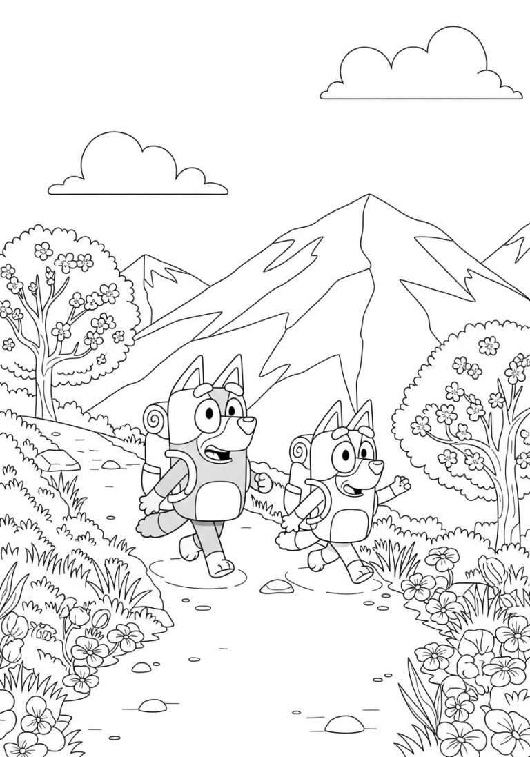 Bluey Spring Coloring Pages 15 Bluey is hiking on a mountain with Bingo