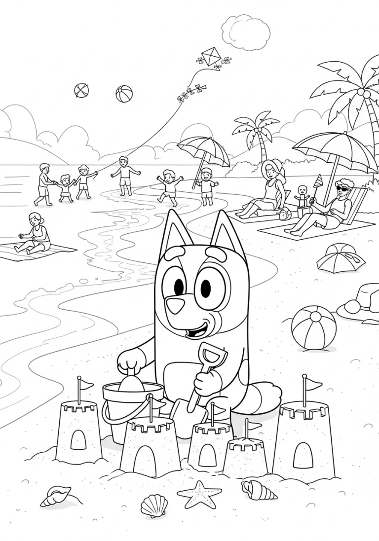 Bluey Summer Coloring Pages (Free PDF Printables) 16 Bingo is playing on the beach shore building sandcastles