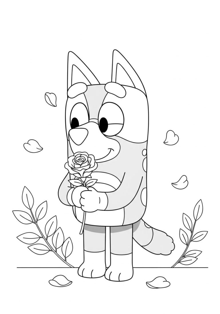 Bluey Spring Coloring Pages 16 Bluey is holding a rose flower in his hand
