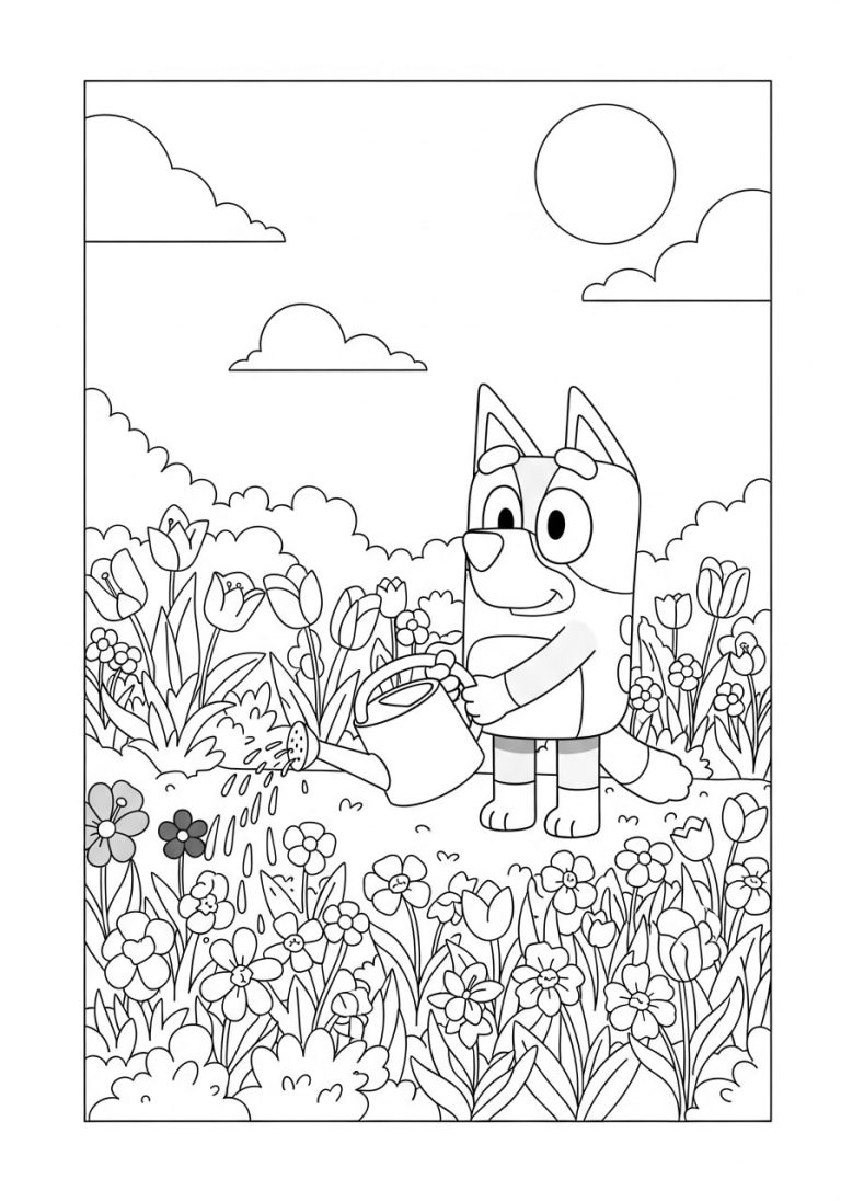 Bluey Spring Coloring Pages 17 The spring season is in full swing, and our own Bluey is watering the flowers
