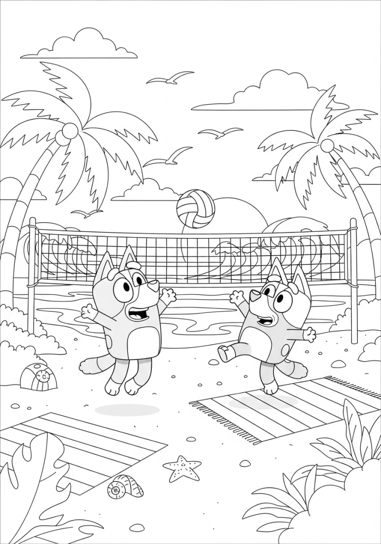Bluey Summer Coloring Pages (Free PDF Printables) 18 Bingo & Bluey are playing volleyball bluey summer coloring sheets