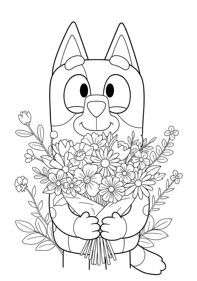 Bluey Spring Coloring Pages 18 Bluey is holding a flower bouquet in her hand. bluey spring coloring pages