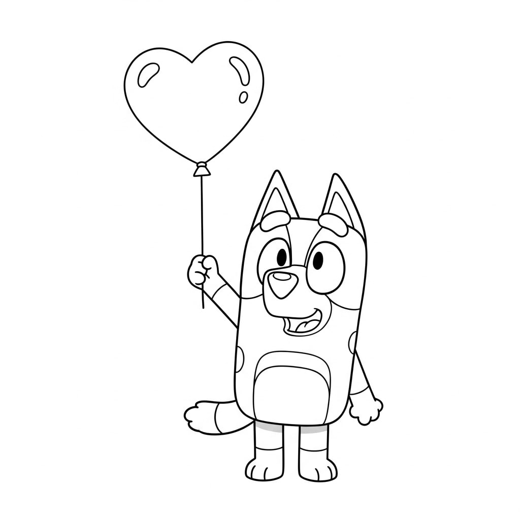 Bingo Sharing a Heart Balloon. Bluey Valentine's Coloring Pages (Free Printable PDF)