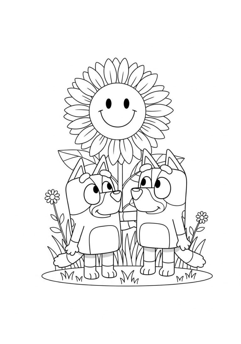 Bluey Spring Coloring Pages 21 There is a smiling sunflower alongside Bluey