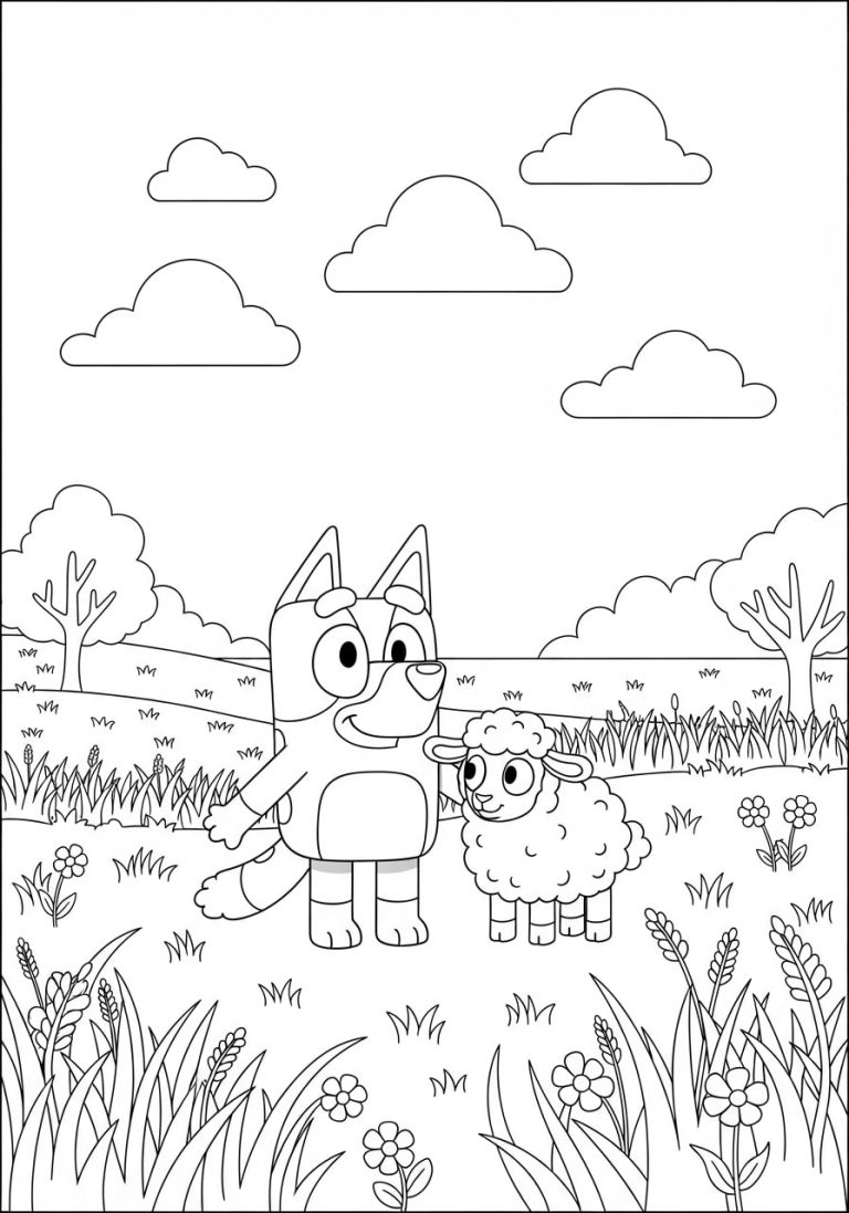 Bluey Spring Coloring Pages 4 Bluey is in the meadows, this time with a very cute little sheep