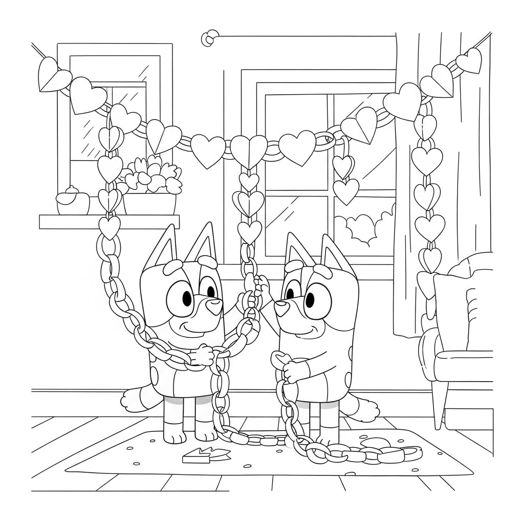 Bluey and Bingo Making Heart Chains