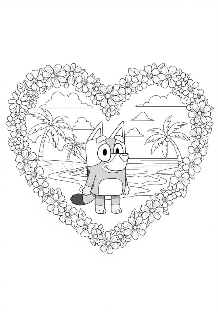 Bluey Spring Coloring Pages 5 bluey standing in middle of floral heart . coloring page