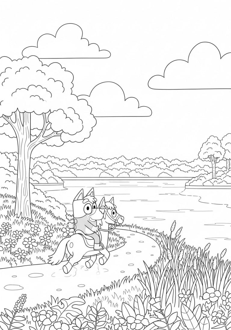 Bluey Spring Coloring Pages 7 Bluey is on a horse ride around a lake in the green belt