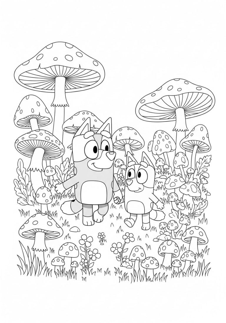 Bluey Spring Coloring Pages 10 Bingo & her elder sister Bluey are currently in a mushroom field