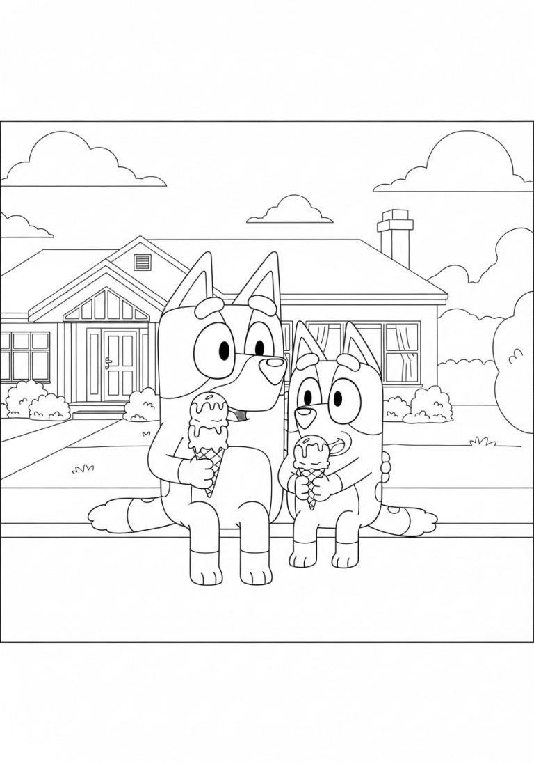 Bluey and Bingo Eating Ice Cream coloring pages 2 Bluey & Bingo Eating Ice Cream Outside Their House