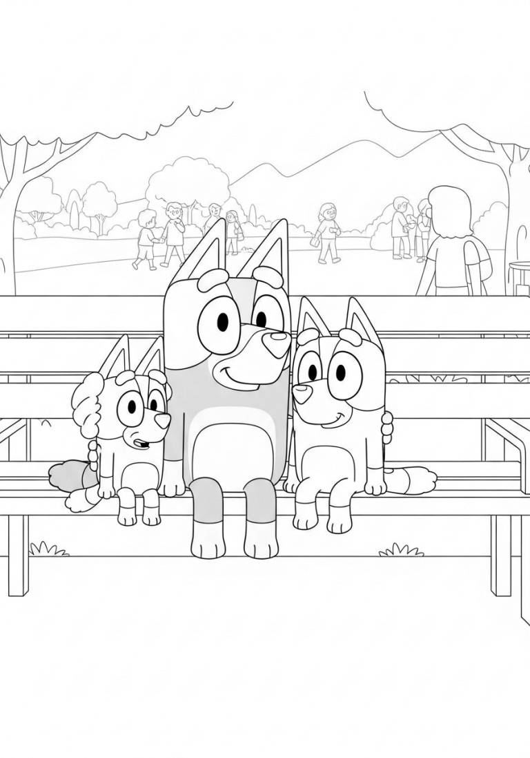 Bluey & Bingo Sitting on a Park Bench