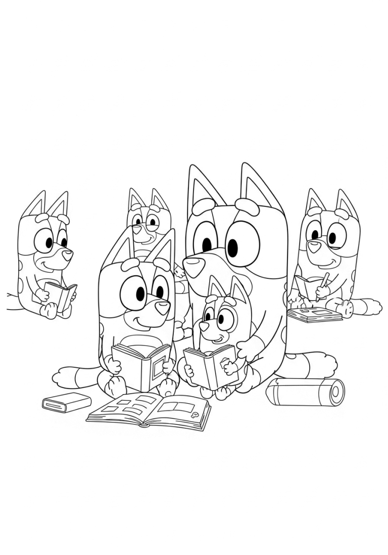 The sisters are doing homework together with their classmates. It looks like a busy study session!
