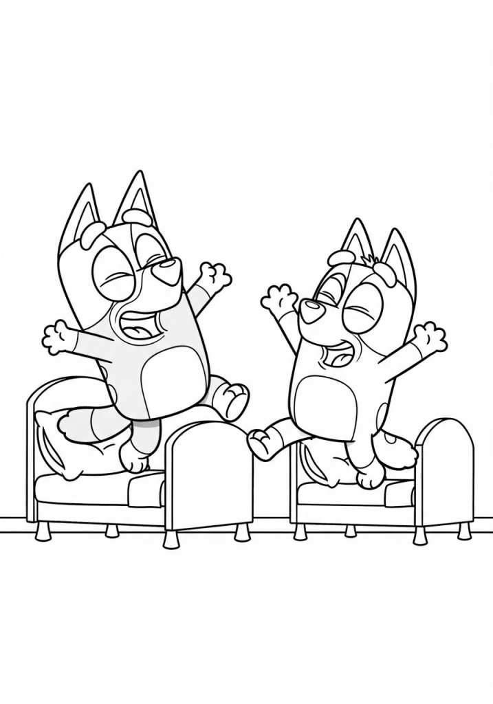 Bluey and Bingo Jumping on the Bed coloring sheet free