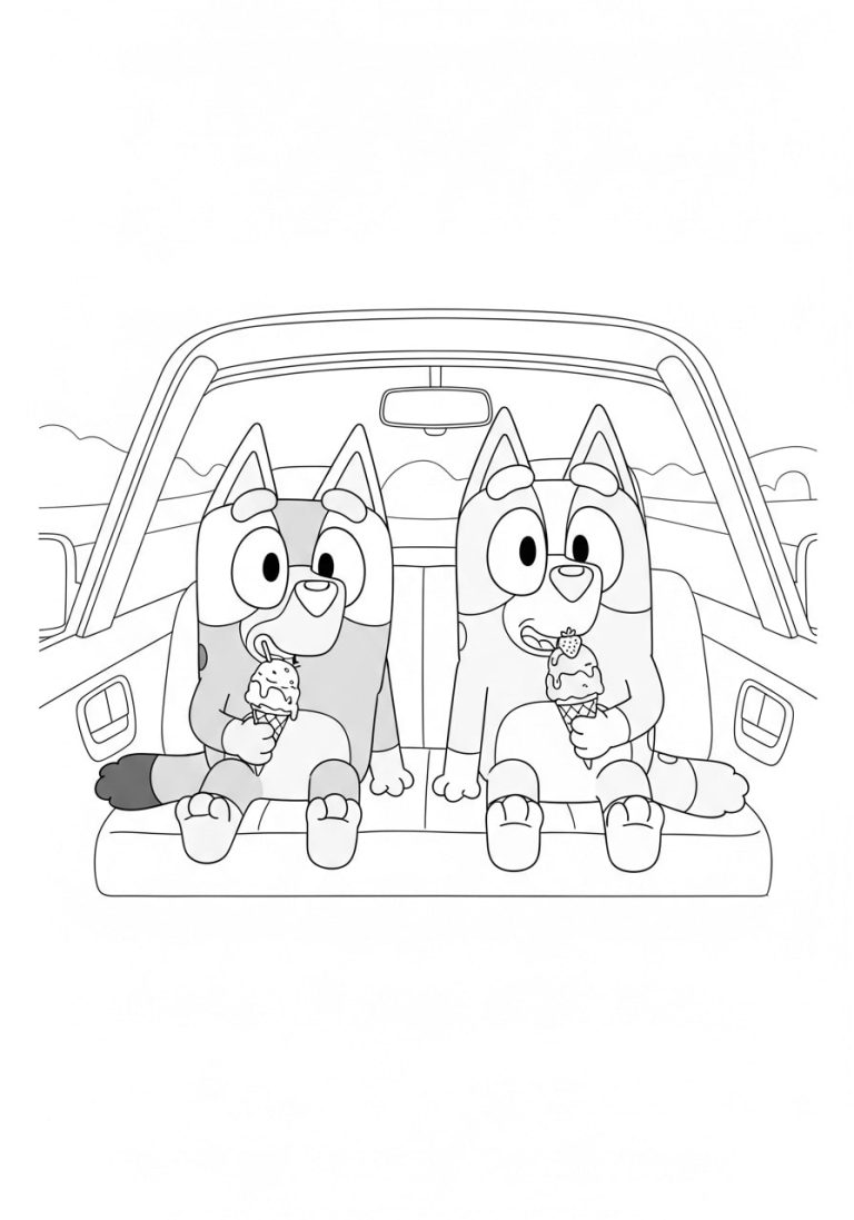 Bluey and Bingo Eating Ice Cream coloring pages 3 Bluey and Bingo Enjoying Ice Cream in the Car