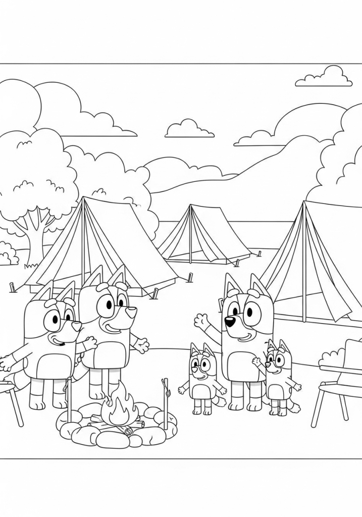 bluey with her family camping coloring pages